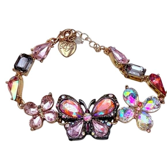 Betsey Johnson Pink AB Rhinestone Gunmetal Butterfly Blitz Bracelet size 8.25" - Picture 2 of 9